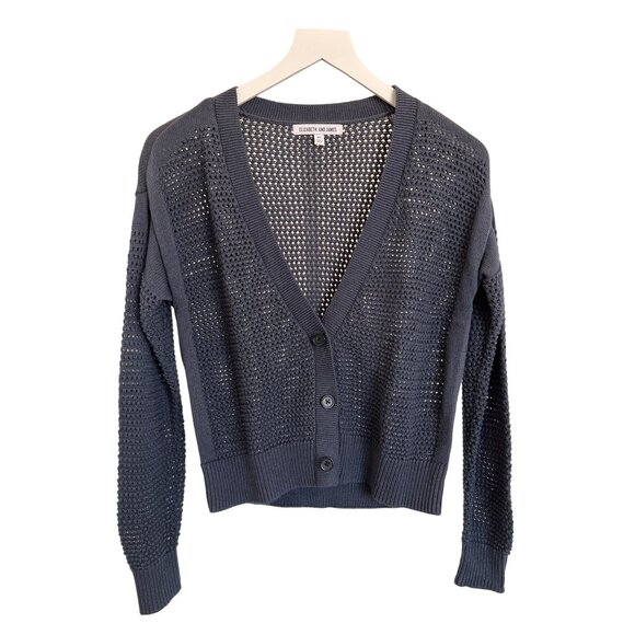 Elizabeth and James Open Knit Navy Blue Button Front Lightweight Sweater Cardiga - Picture 3 of 4